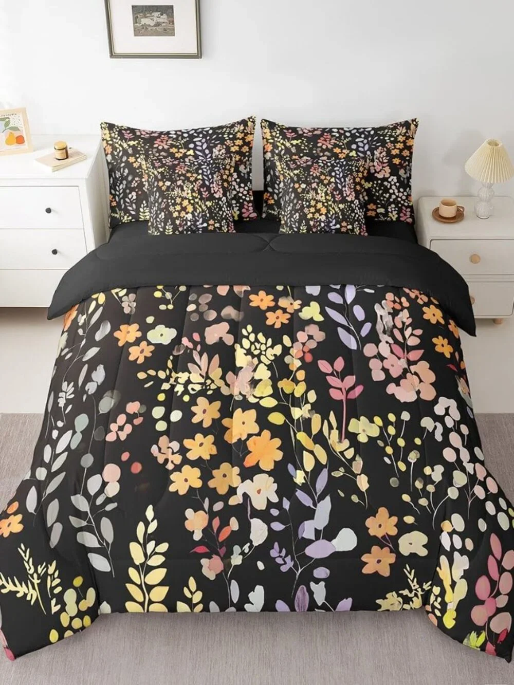 7 Piece Boho Yellow Floral Twin Bedding Set for Kids Girls Women,Colorful Flower
